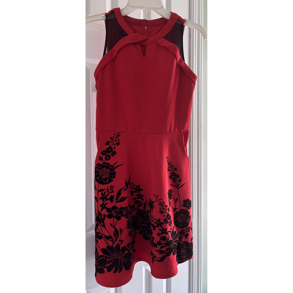 BCX Girl Red Black Floral Holiday Party Dress Pockets Girls Size 16 Fit & Flare